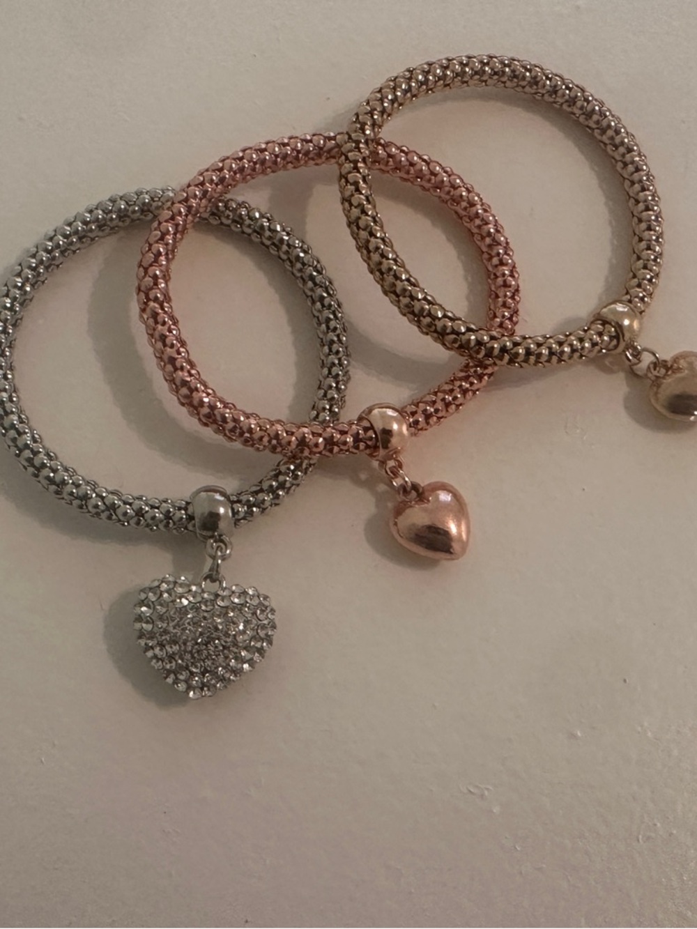 Heart Charm Trio Bangle Set - Silver, Rose Gold, Gold